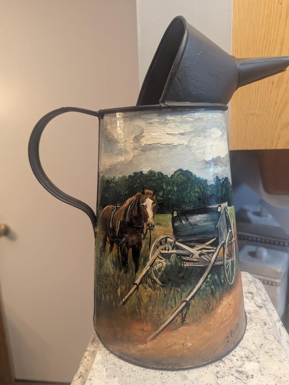 Vintage Hand Painted Folk Art Metal WateringCan Horse Scene Signed J. Price